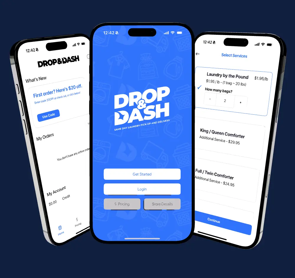 Three phone screens showing the Drop & Dash app welcome screen, order history and a service selection list with per-pound pricing