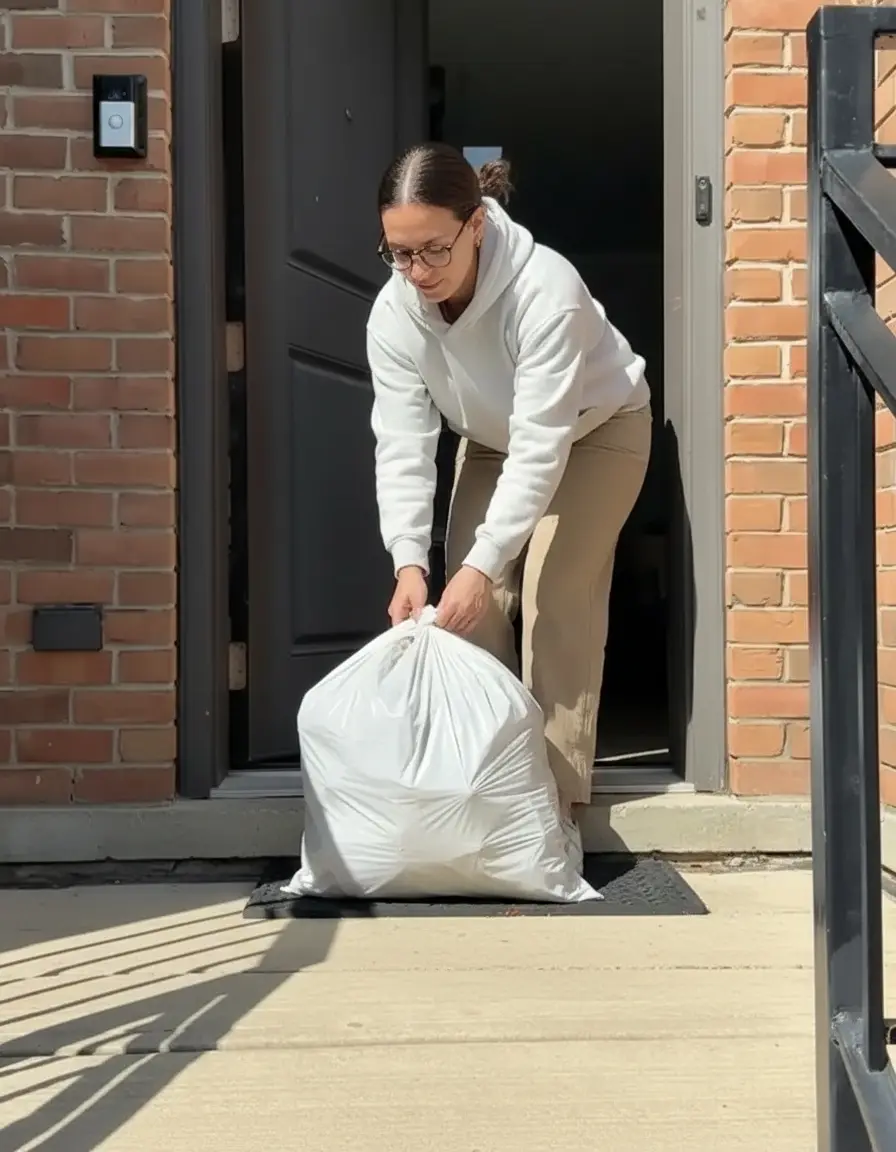 Woman in a white sweatshirt placing a tied white laundry bag on a doorstep next to a brick wall