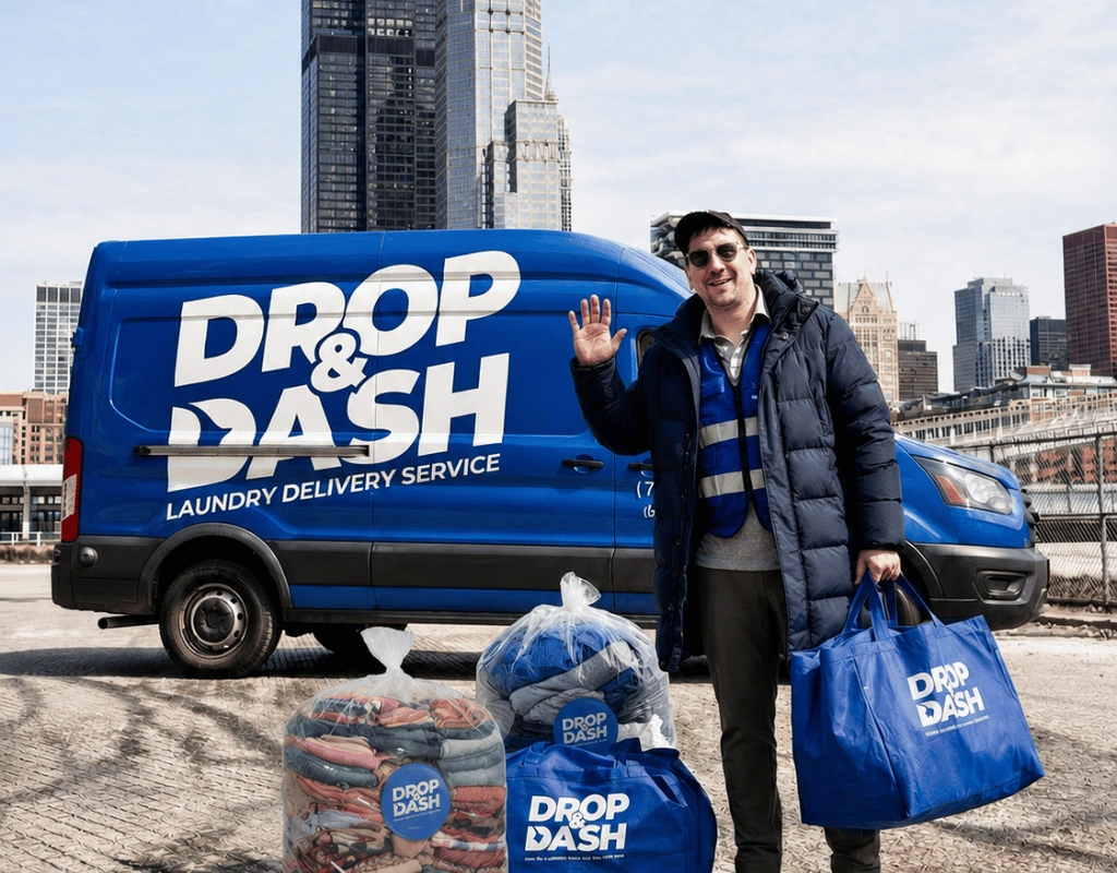 Driver in a winter coat waving beside a blue Drop & Dash van with wrapped laundry bundles and totes at his feet