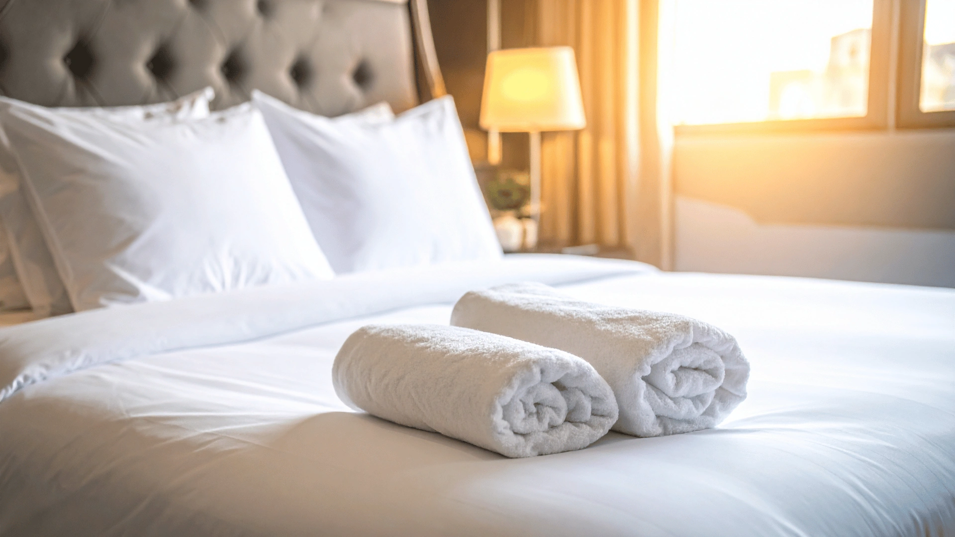 Made bed with crisp white bedding, plump pillows and two rolled white towels on top
