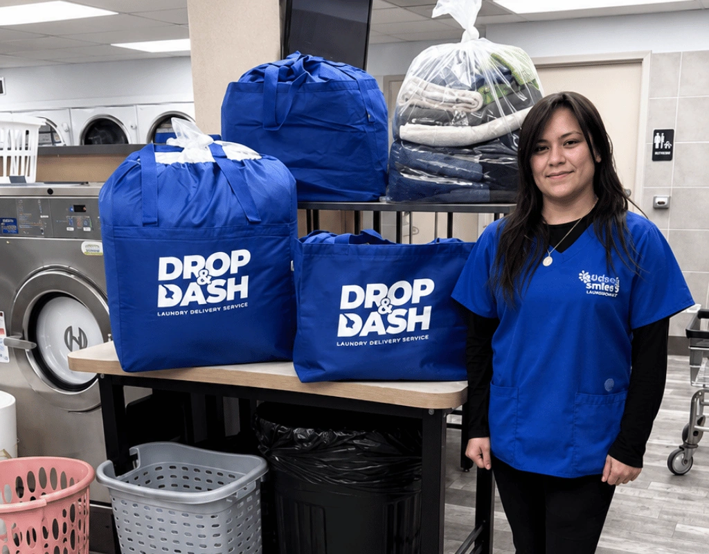 Smiling employee in a blue shirt standing beside two blue Drop & Dash totes and sealed bundles of folded laundry on a table