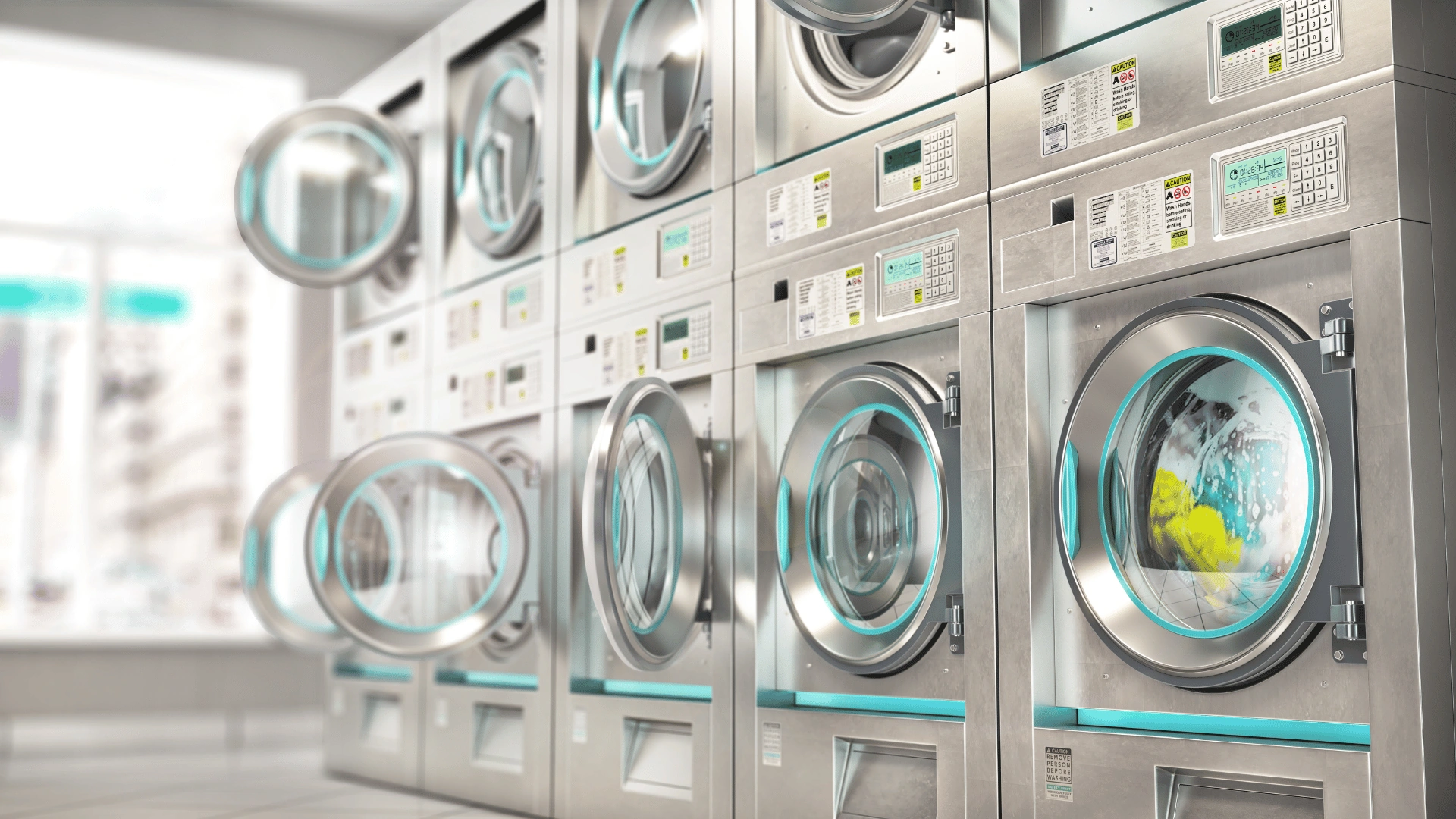 Row of stainless steel commercial front-loading washing machines in a bright laundromat