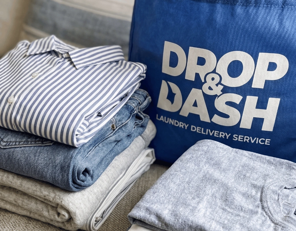 Neatly folded shirts, jeans and a grey sweatshirt stacked next to a blue Drop & Dash tote bag