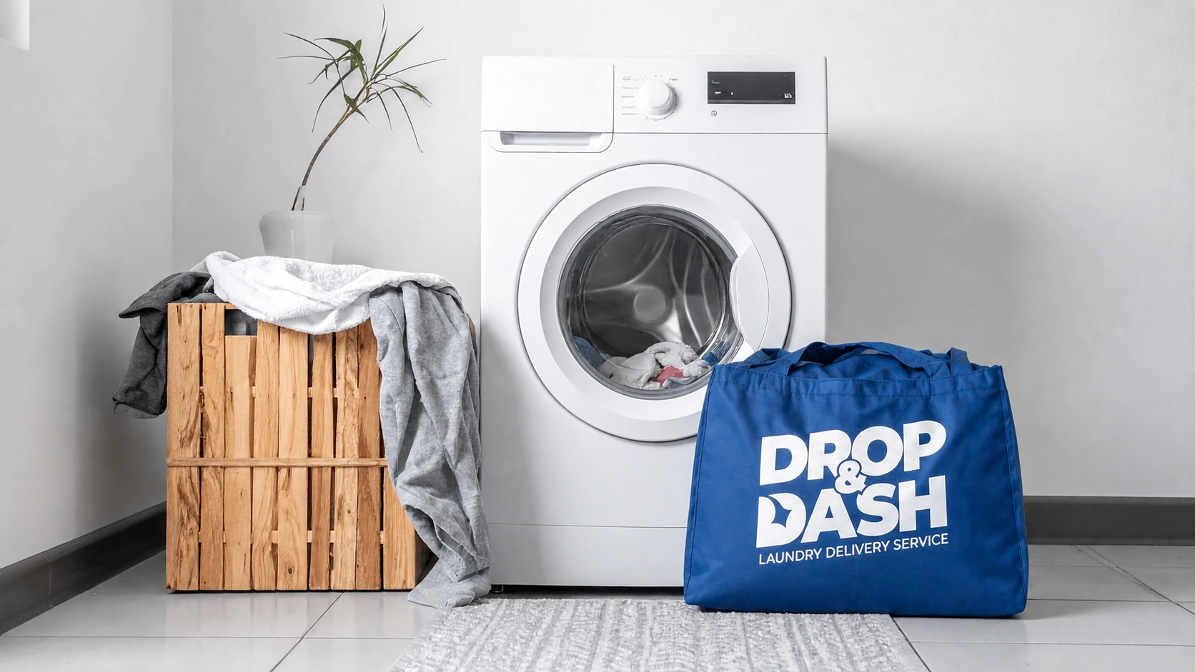 White front-loading washing machine in a bright laundry room with a blue Drop & Dash tote bag on the floor beside it